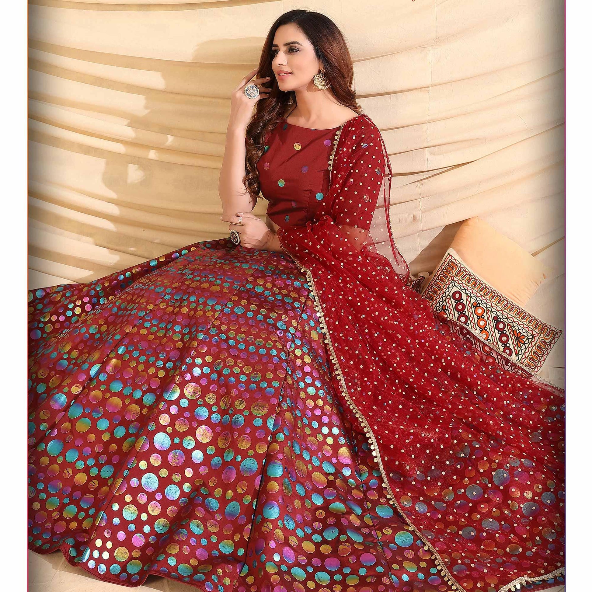 Maroon Partywear Designer Pigment Foil Printed Tafetta Silk Lehenga Choli