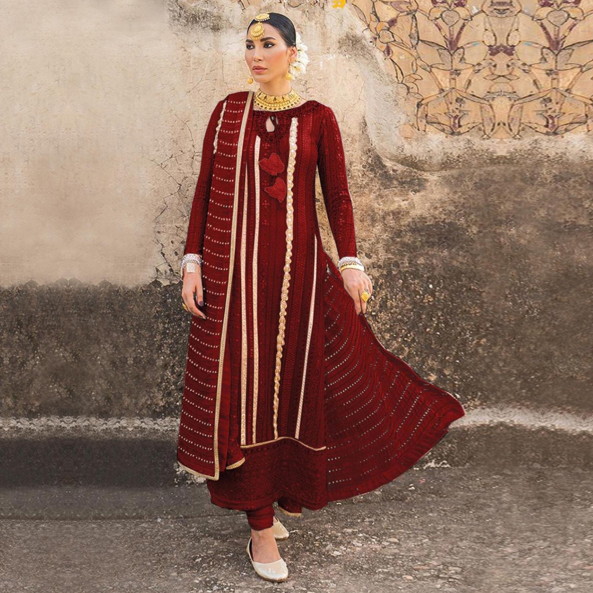 Maroon Partywear Embellished & Embroidered Georgette Anarkali Suit