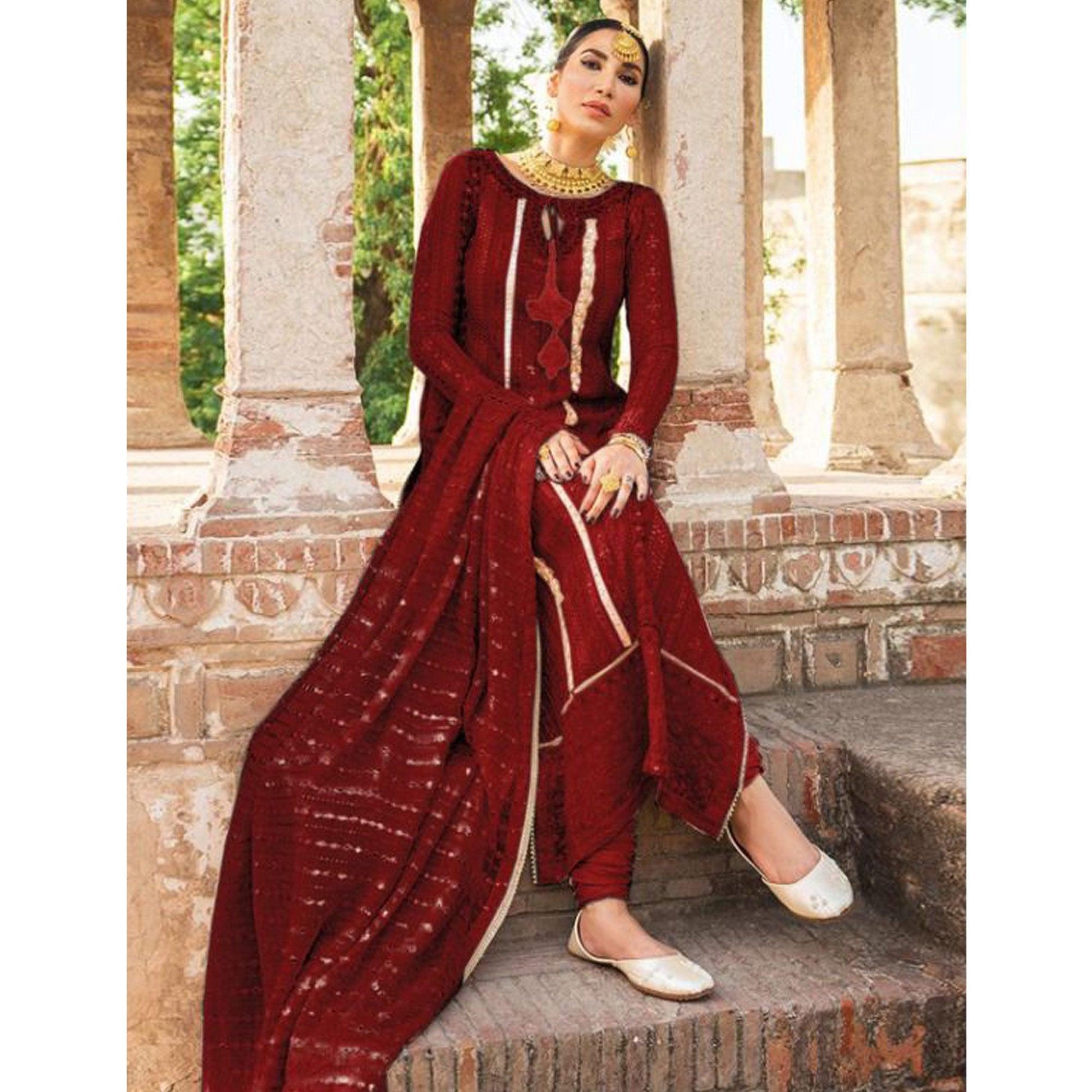 Maroon Partywear Embellished & Embroidered Georgette Anarkali Suit