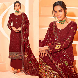 Maroon Partywear Embellished With Embroidered Georgette Palazzo Suit