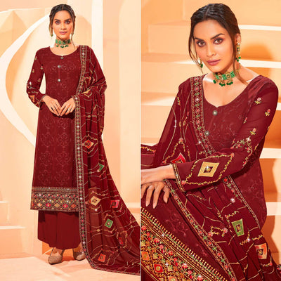 Maroon Partywear Embellished With Embroidered Georgette Palazzo Suit