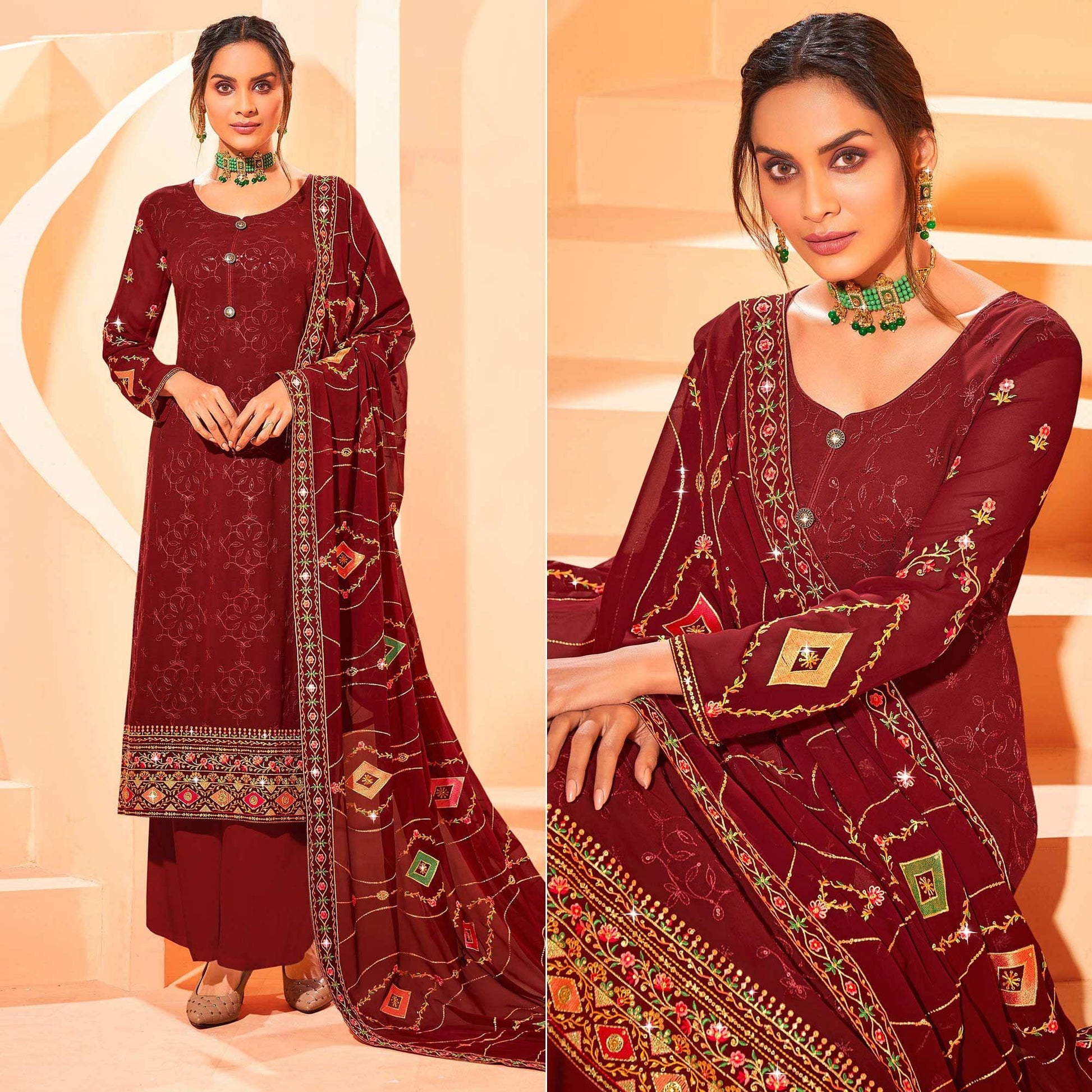 Maroon Partywear Embellished With Embroidered Georgette Palazzo Suit