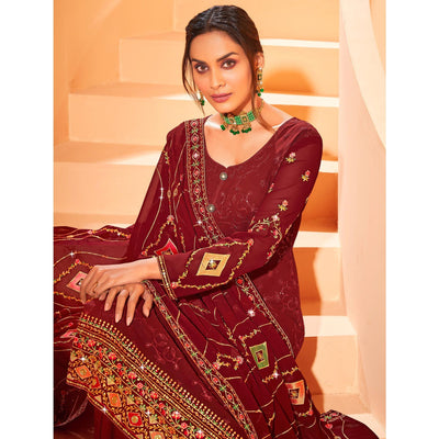 Maroon Partywear Embellished With Embroidered Georgette Palazzo Suit