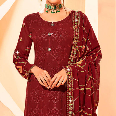 Maroon Partywear Embellished With Embroidered Georgette Palazzo Suit