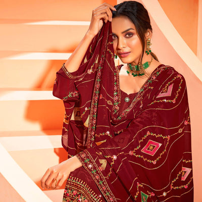 Maroon Partywear Embellished With Embroidered Georgette Palazzo Suit