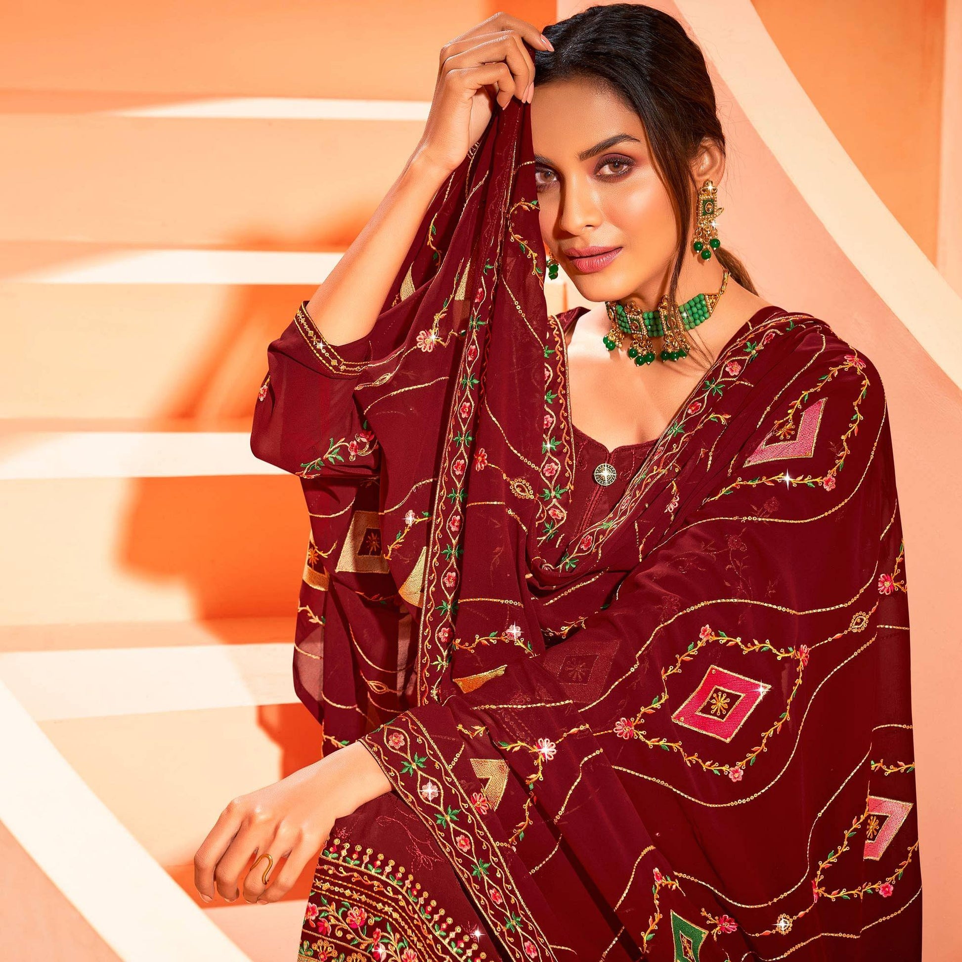 Maroon Partywear Embellished With Embroidered Georgette Palazzo Suit