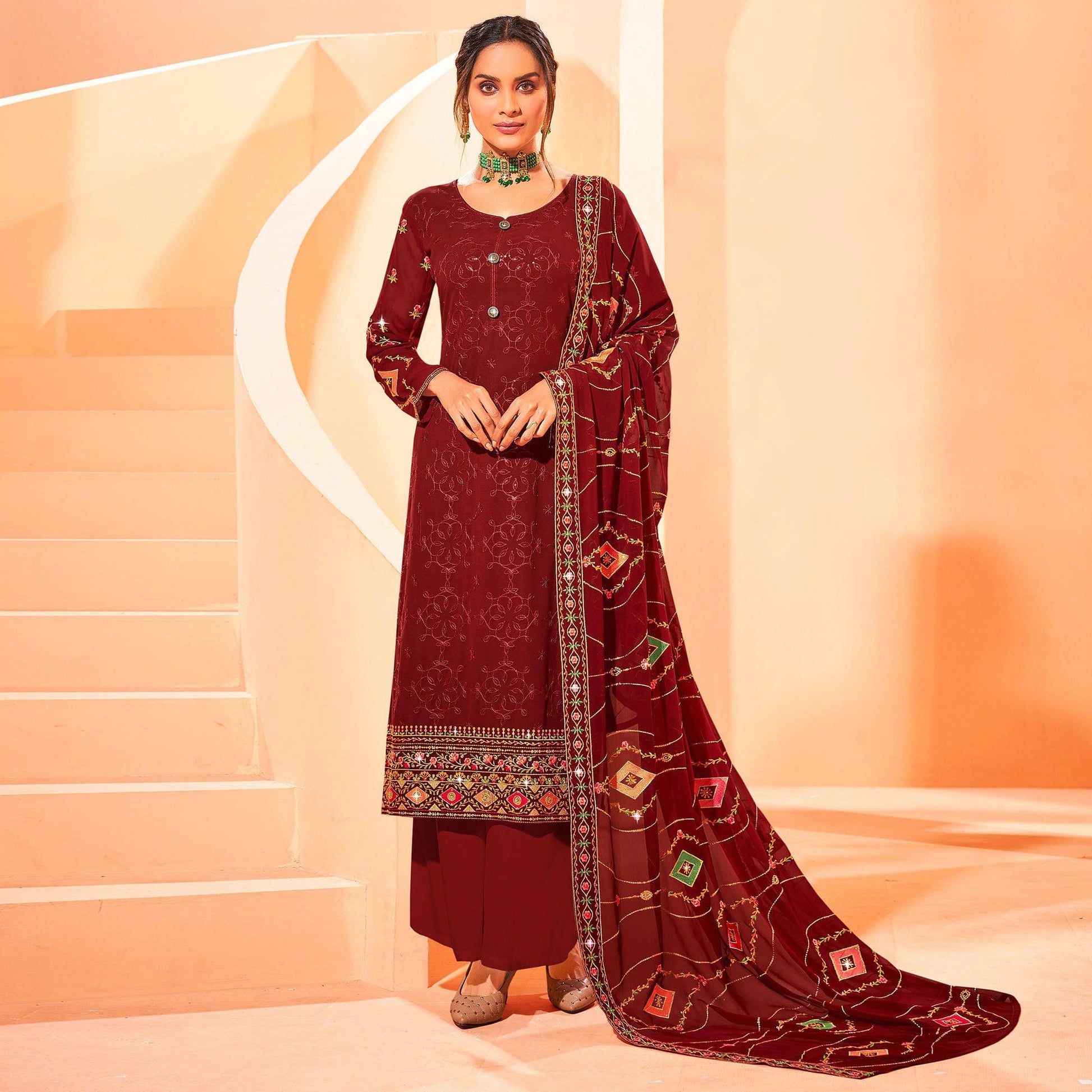 Maroon Partywear Embellished With Embroidered Georgette Palazzo Suit
