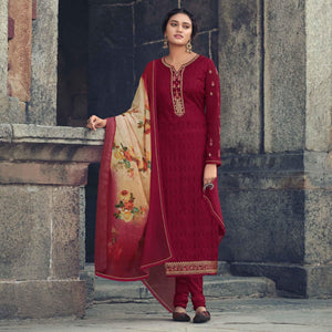 Maroon Partywear Embroidered & Embellished Faux Georgette Salwar Suit