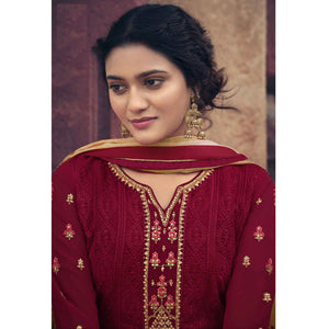 Maroon Partywear Embroidered & Embellished Faux Georgette Salwar Suit