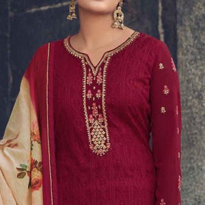 Maroon Partywear Embroidered & Embellished Faux Georgette Salwar Suit