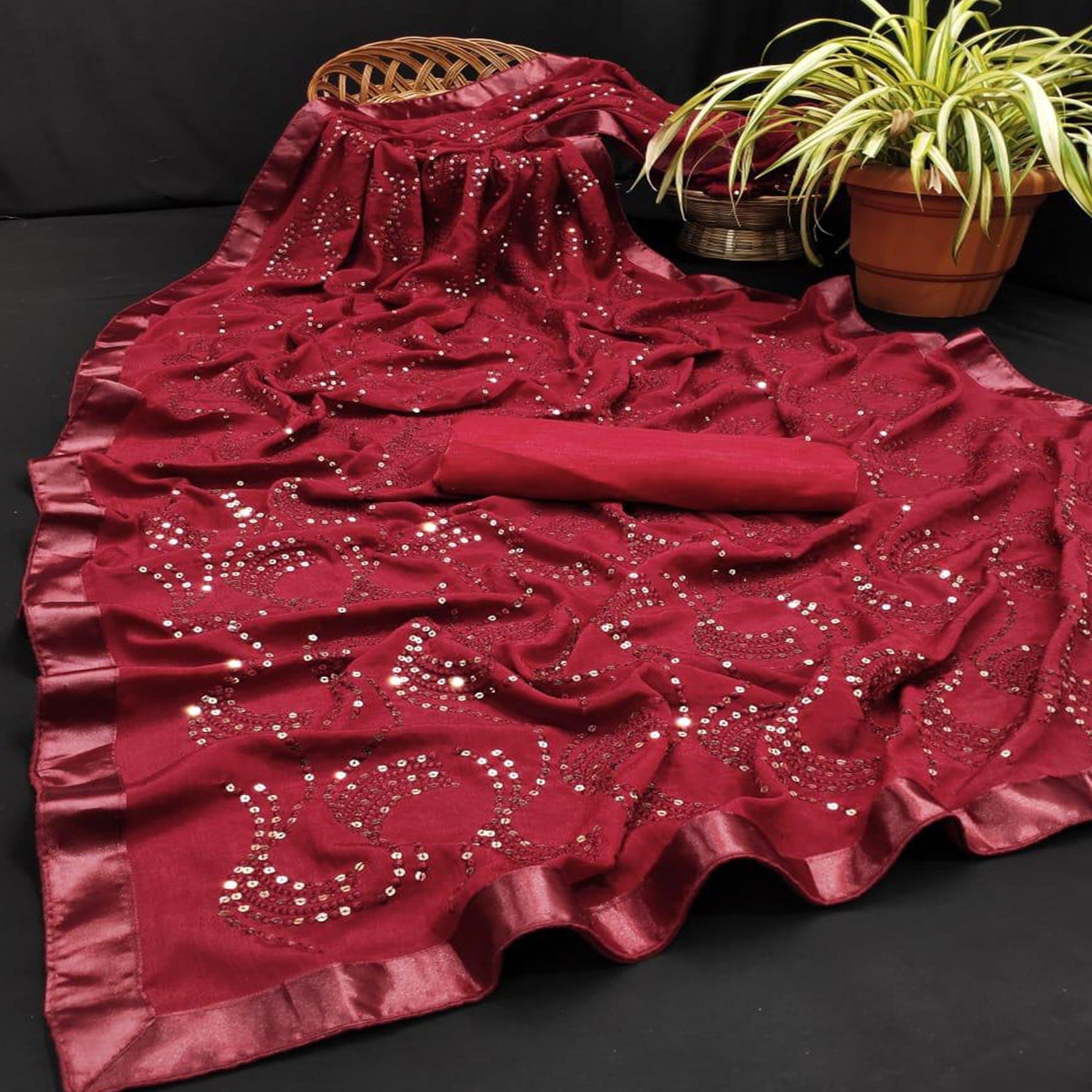 Maroon Partywear Embroidered & Sequins Chiffon Saree