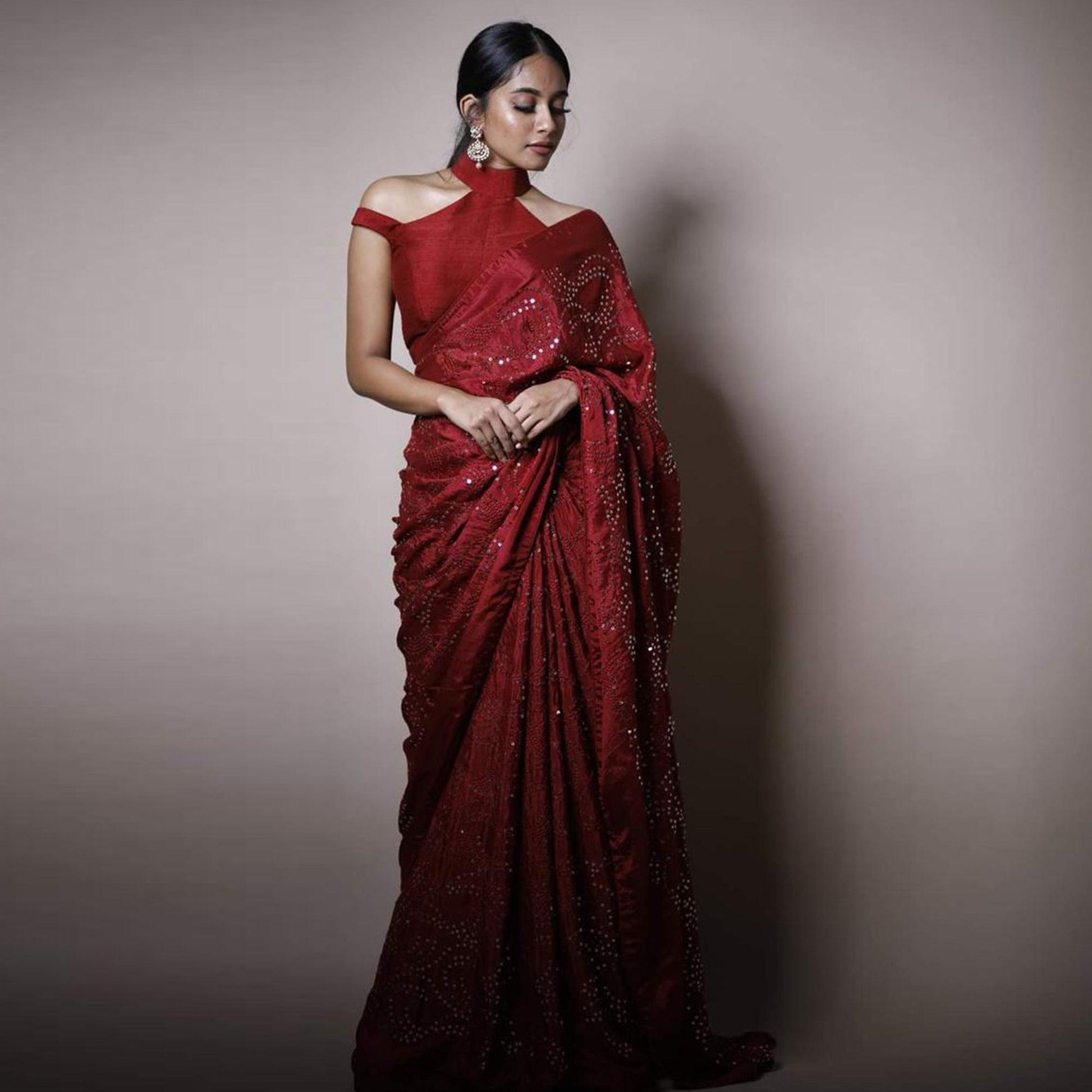 Maroon Partywear Embroidered & Sequins Chiffon Saree