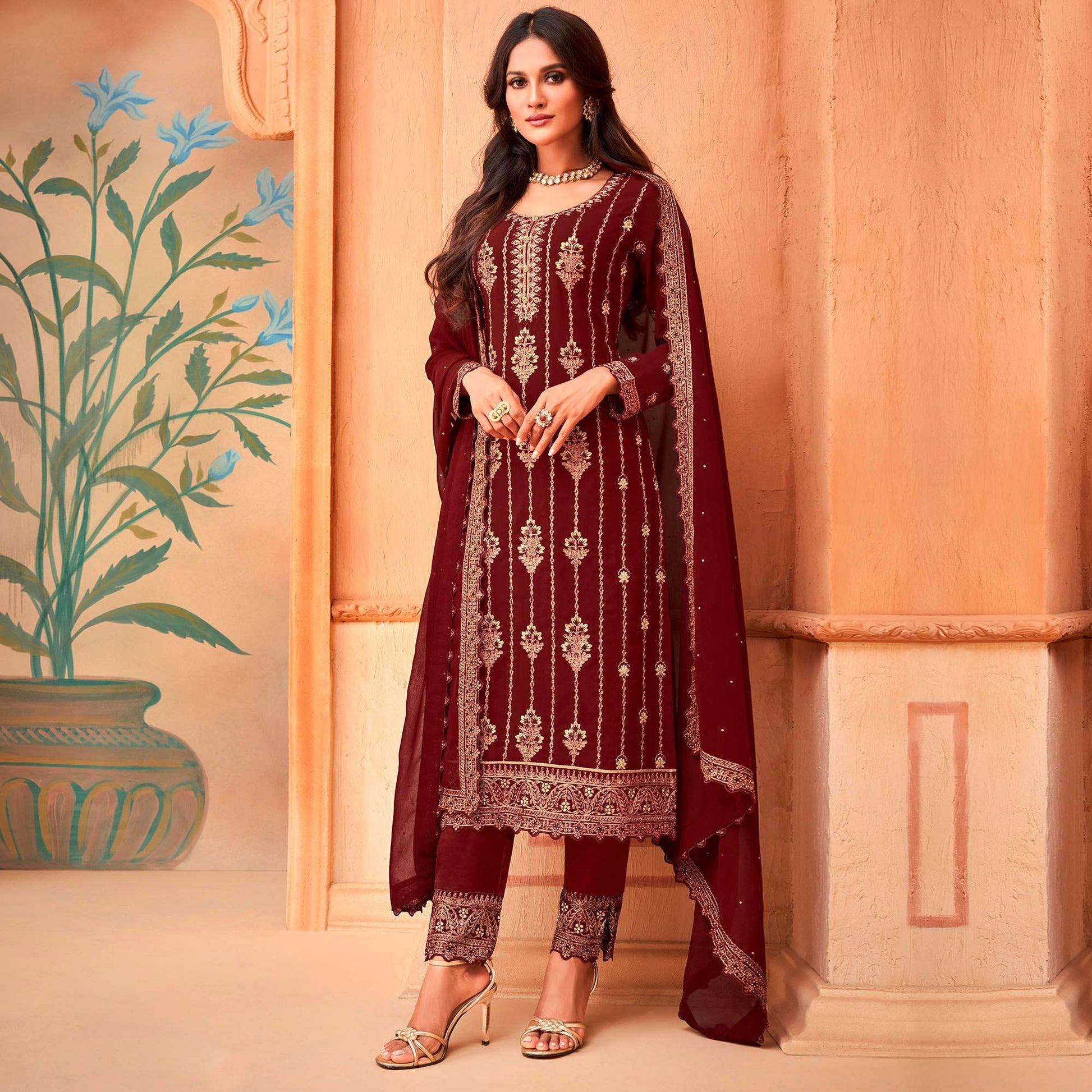 Maroon Partywear Embroidered & Sequins Work Faux Georgette Salwar Suit