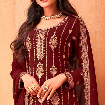 Maroon Partywear Embroidered & Sequins Work Faux Georgette Salwar Suit