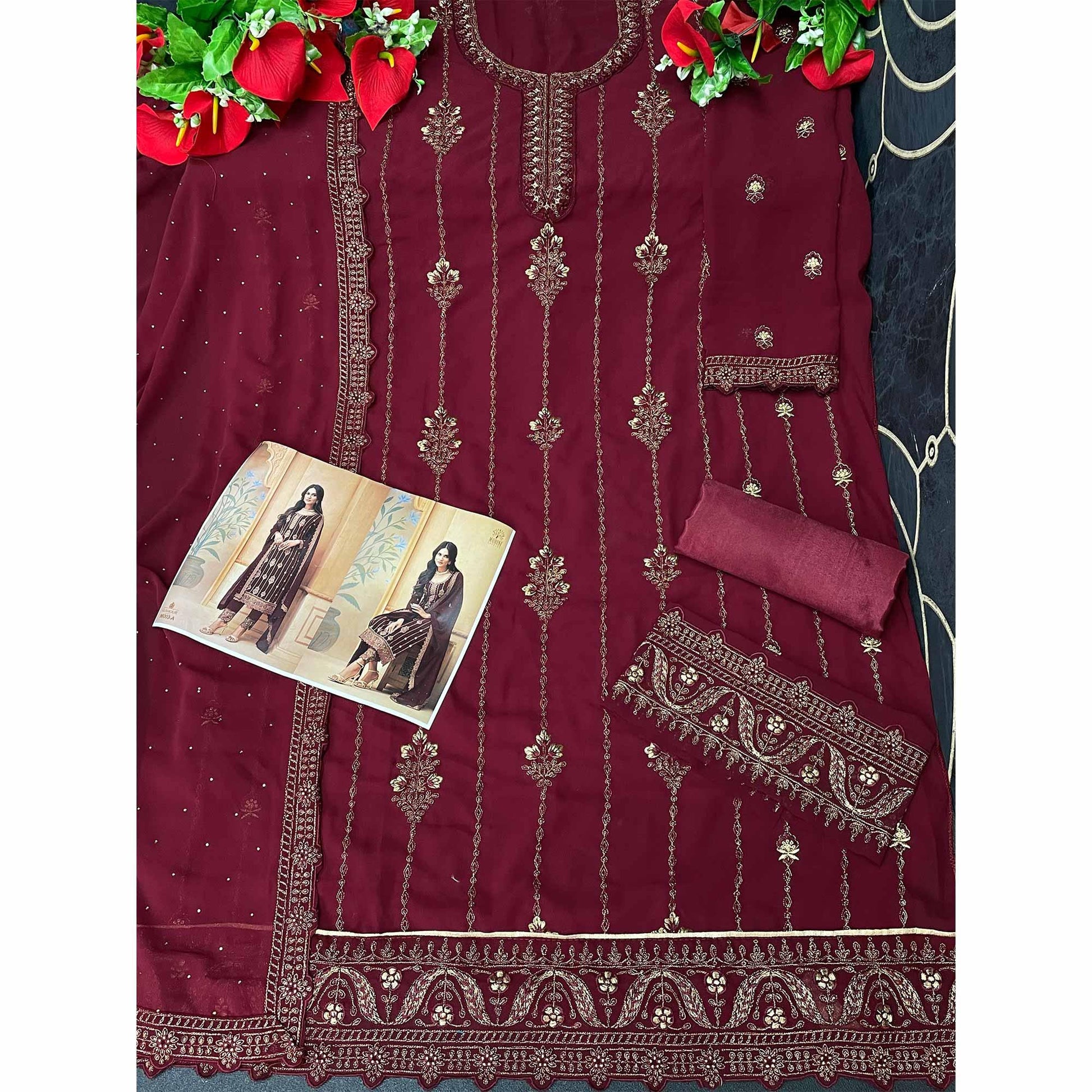 Maroon Partywear Embroidered & Sequins Work Faux Georgette Salwar Suit