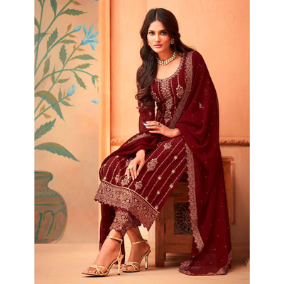 Maroon Partywear Embroidered & Sequins Work Faux Georgette Salwar Suit