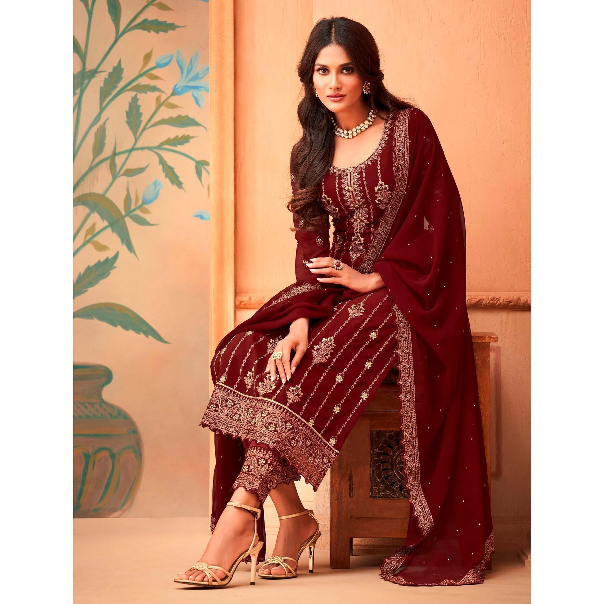 Maroon Partywear Embroidered & Sequins Work Faux Georgette Salwar Suit