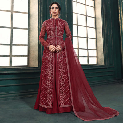 Maroon Partywear Embroidered Butterfly Net Anarkali Suit