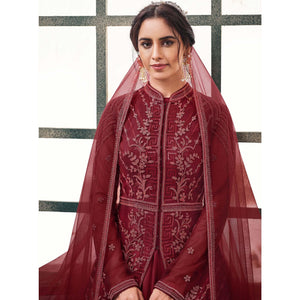 Maroon Partywear Embroidered Butterfly Net Anarkali Suit