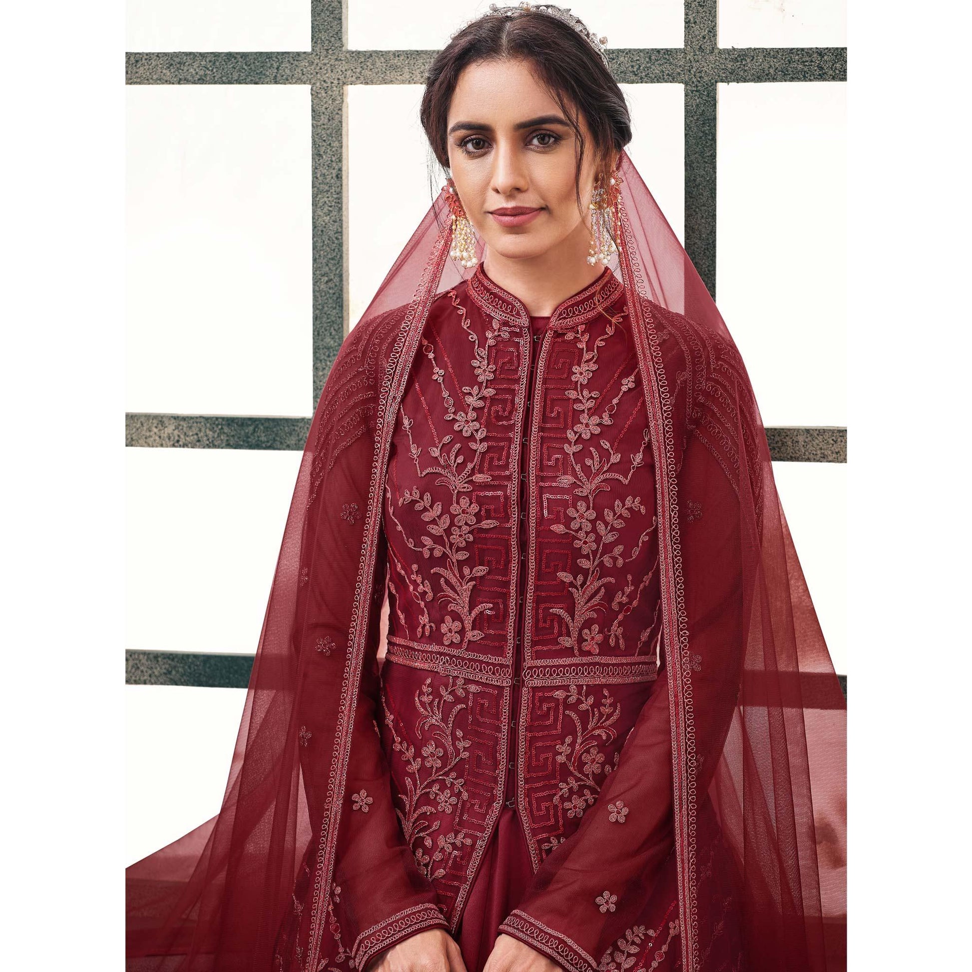 Maroon Partywear Embroidered Butterfly Net Anarkali Suit
