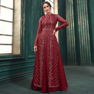 Maroon Partywear Embroidered Butterfly Net Anarkali Suit