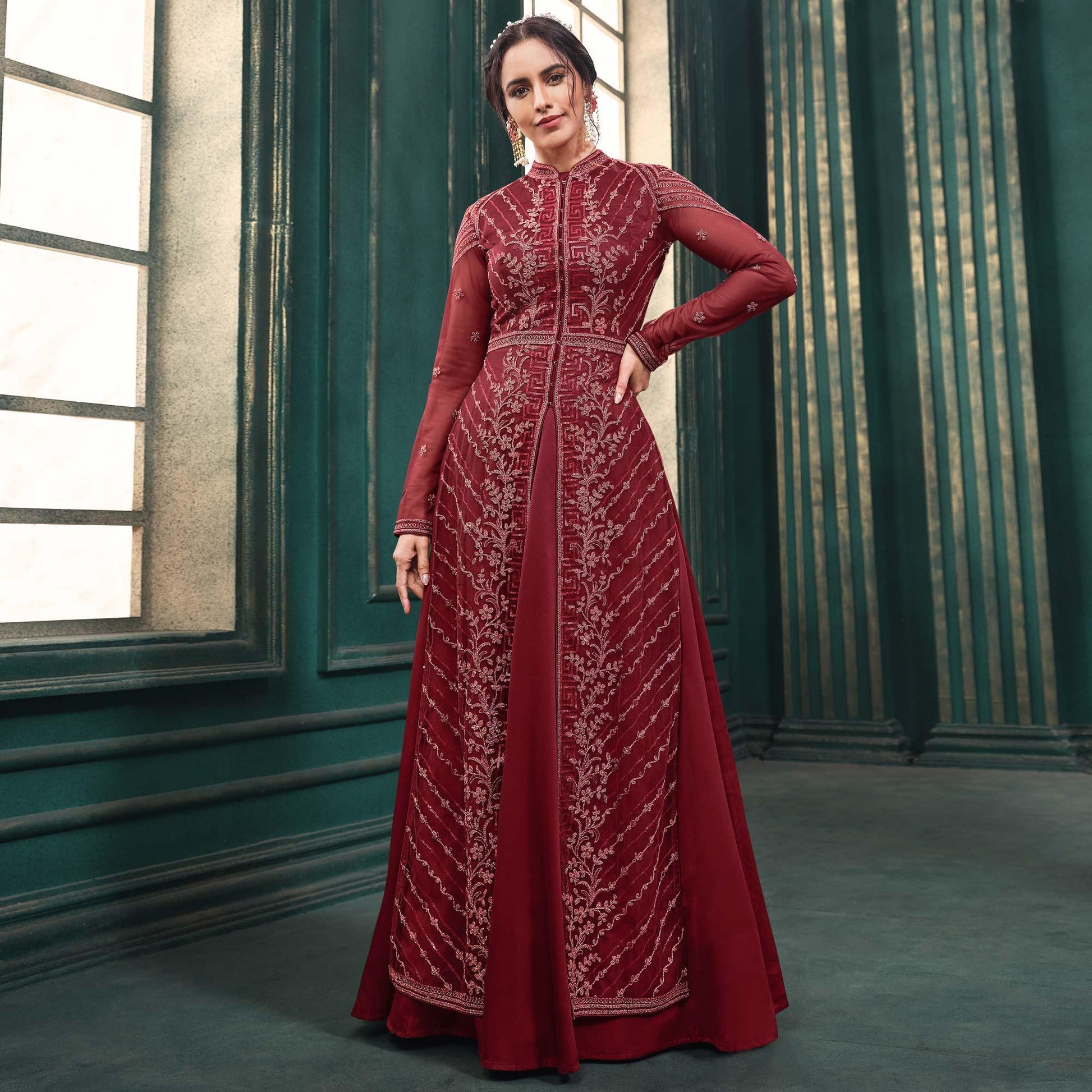 Maroon Partywear Embroidered Butterfly Net Anarkali Suit