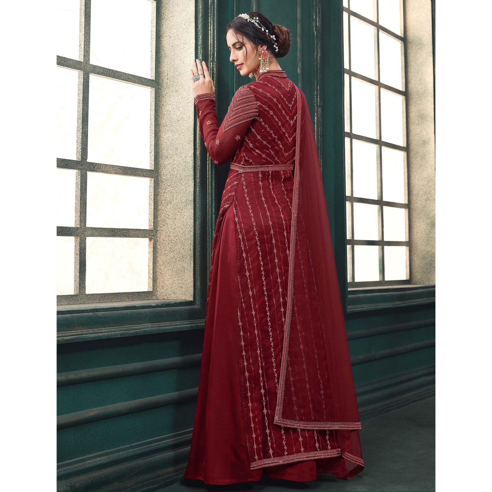 Maroon Partywear Embroidered Butterfly Net Anarkali Suit