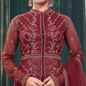 Maroon Partywear Embroidered Butterfly Net Anarkali Suit
