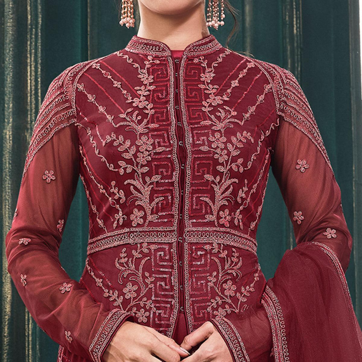 Maroon Partywear Embroidered Butterfly Net Anarkali Suit