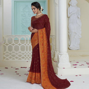 Maroon Partywear Embroidered Chiffon Saree