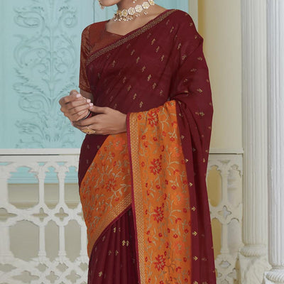 Maroon Partywear Embroidered Chiffon Saree