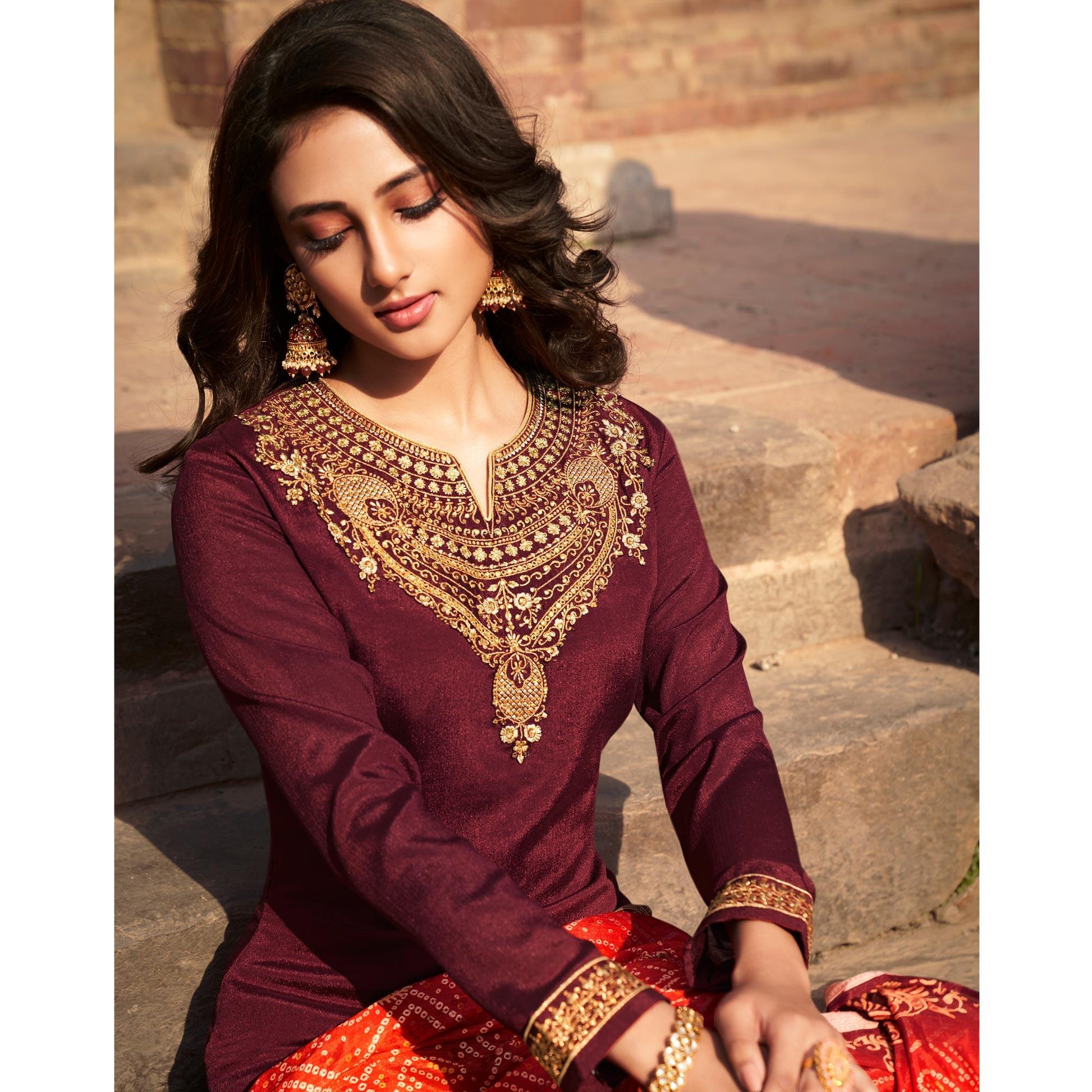 Maroon Partywear Embroidered Chinon chiffon Suit