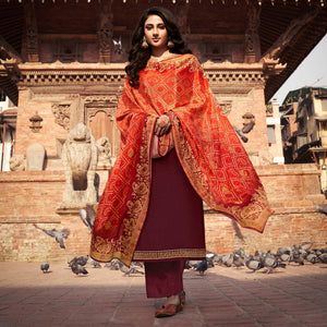 Maroon Partywear Embroidered Chinon chiffon Suit