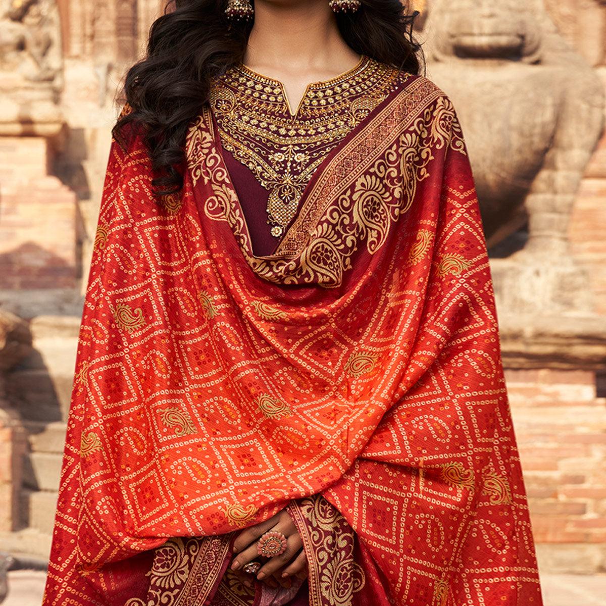 Maroon Partywear Embroidered Chinon chiffon Suit