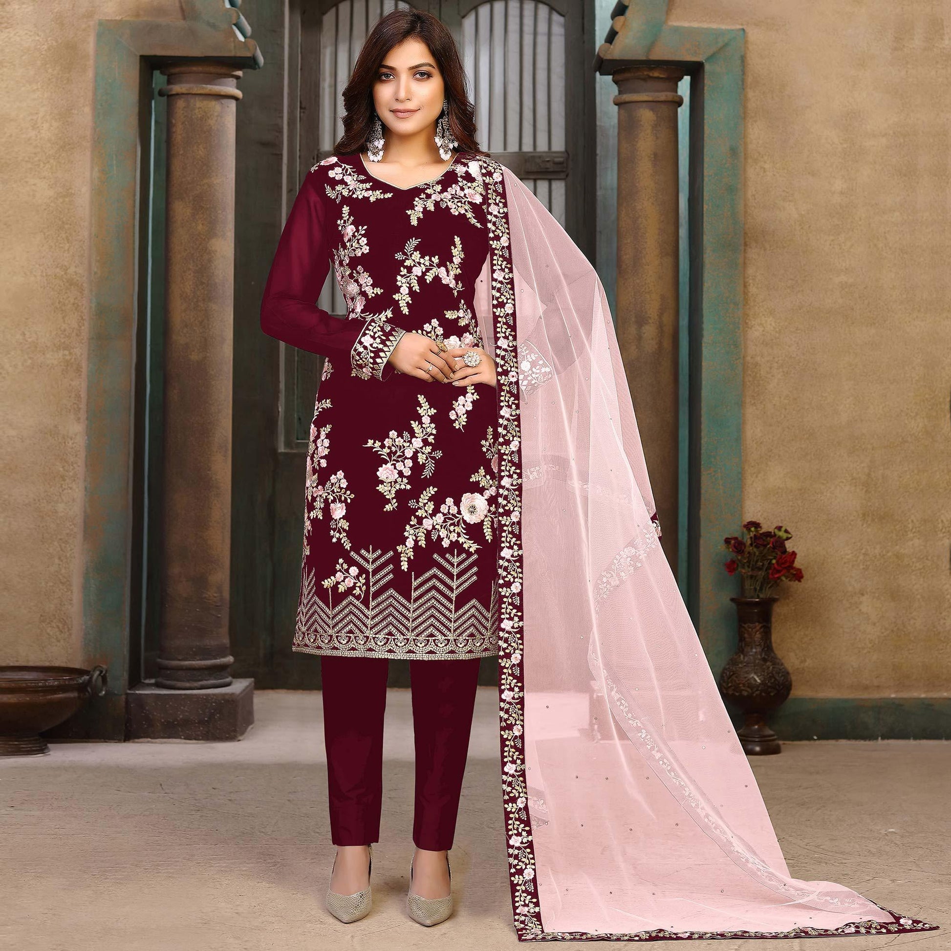 Maroon Partywear Embroidered Faux Georgette Salwar Suit