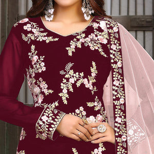 Maroon Partywear Embroidered Faux Georgette Salwar Suit