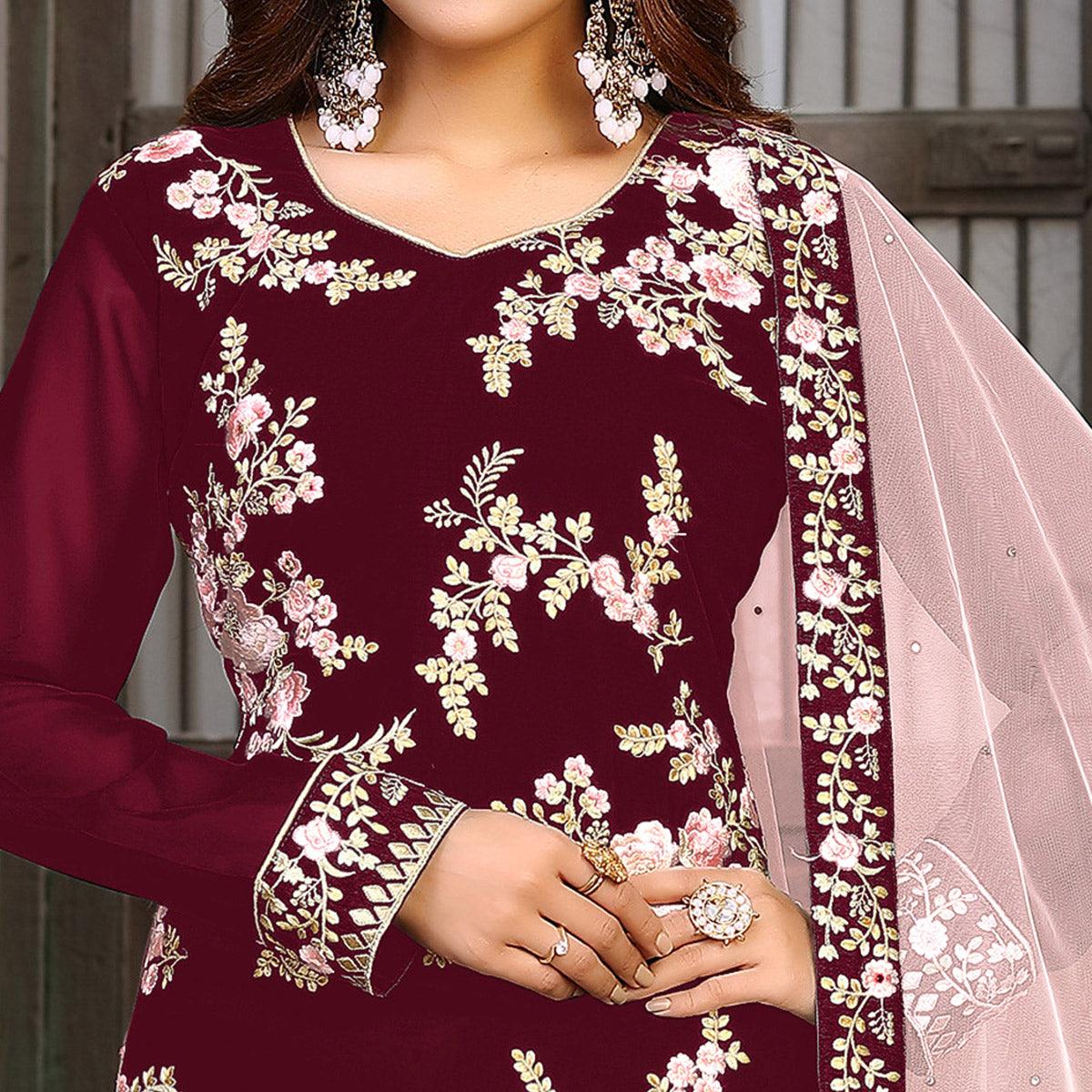 Maroon Partywear Embroidered Faux Georgette Salwar Suit