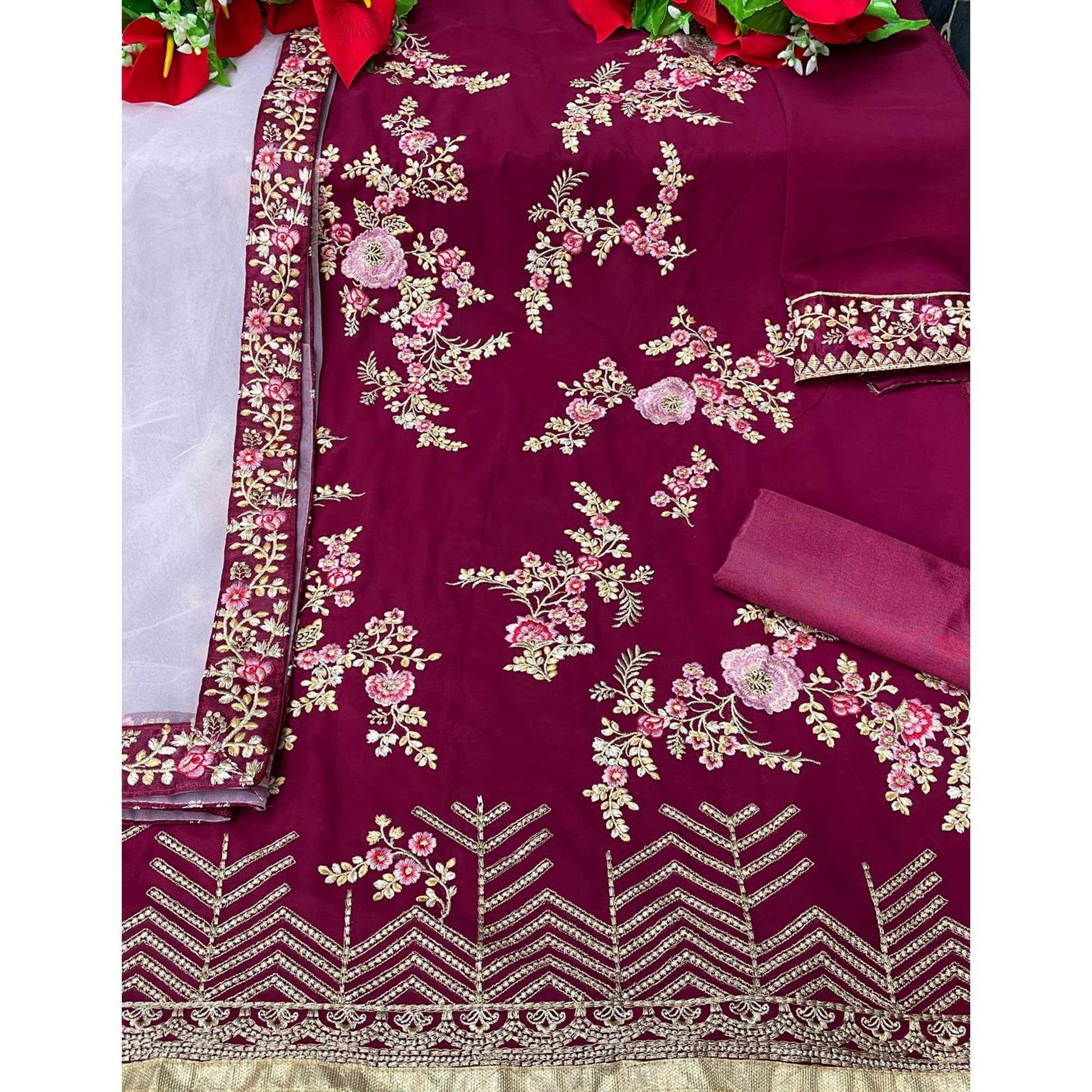 Maroon Partywear Embroidered Faux Georgette Salwar Suit