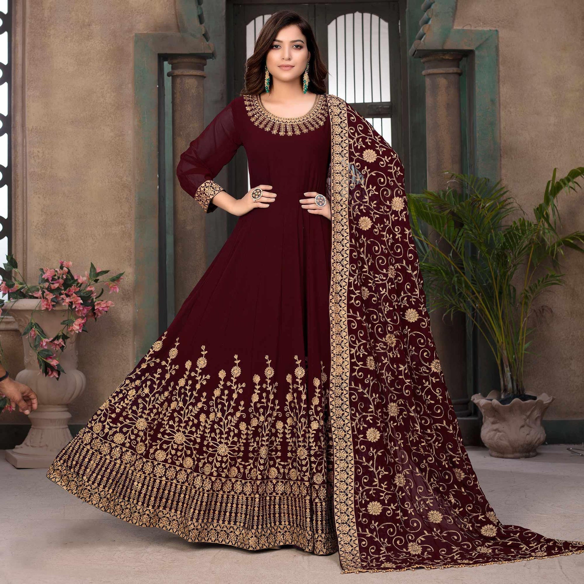 Maroon Partywear Embroidered Georgette Anarkali Suit