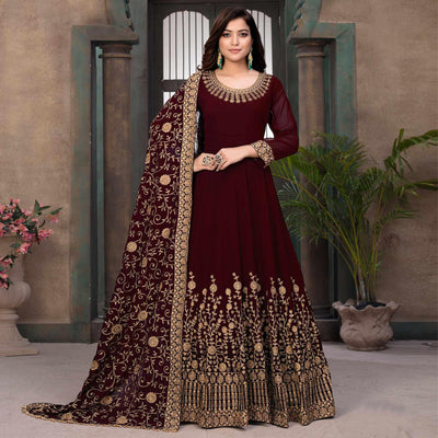 Maroon Partywear Embroidered Georgette Anarkali Suit