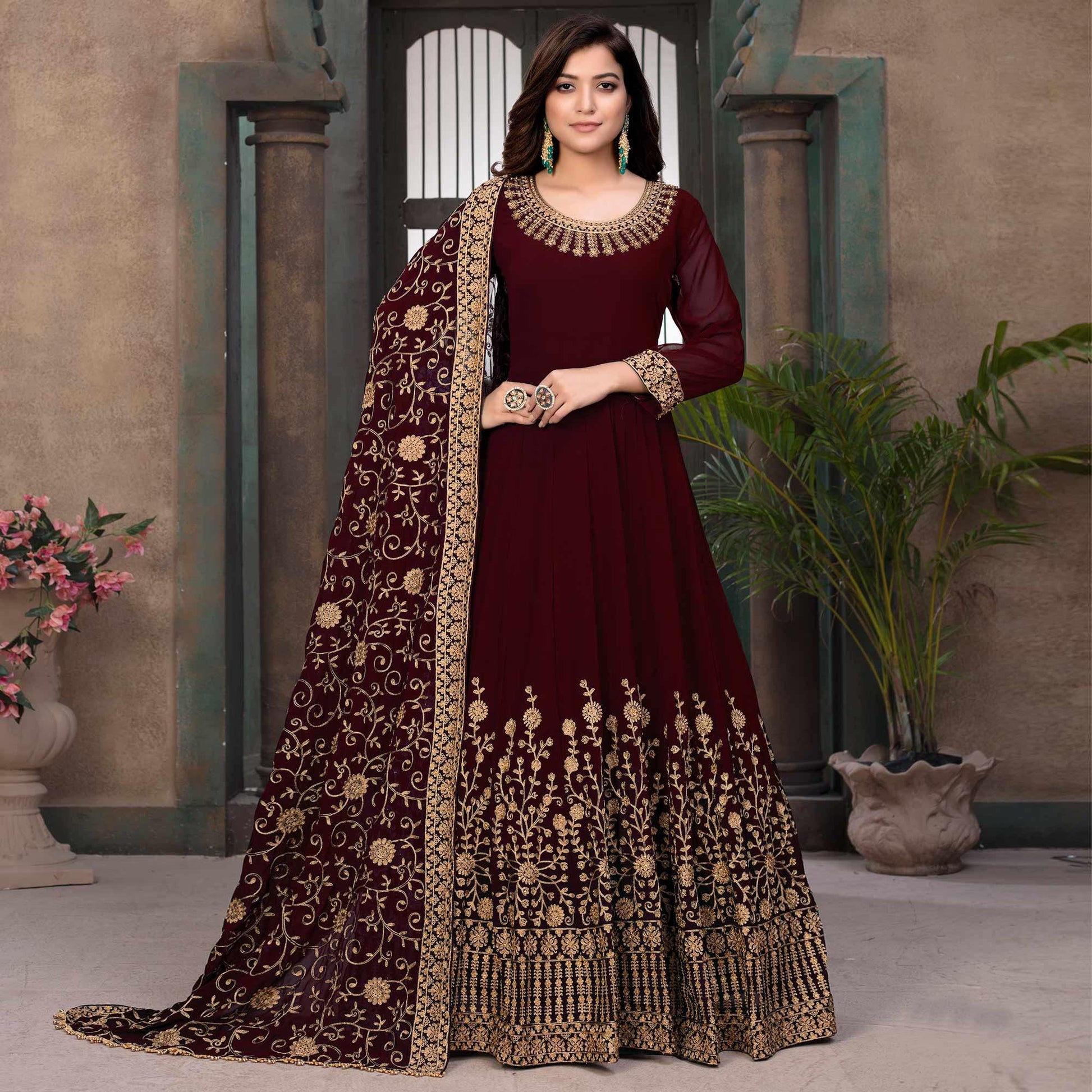 Maroon Partywear Embroidered Georgette Anarkali Suit