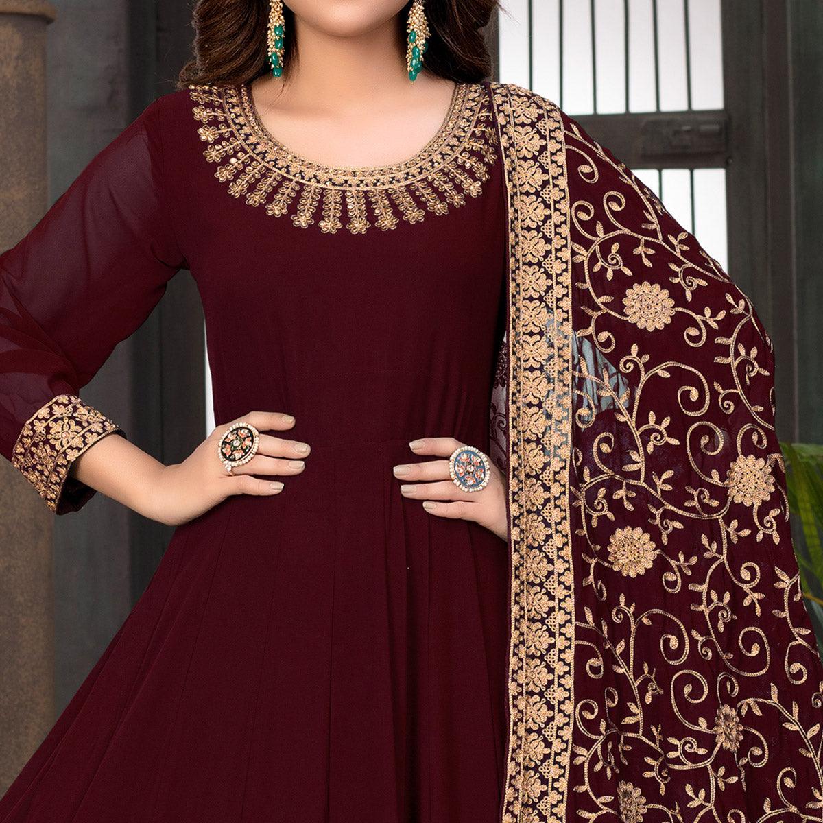 Maroon Partywear Embroidered Georgette Anarkali Suit