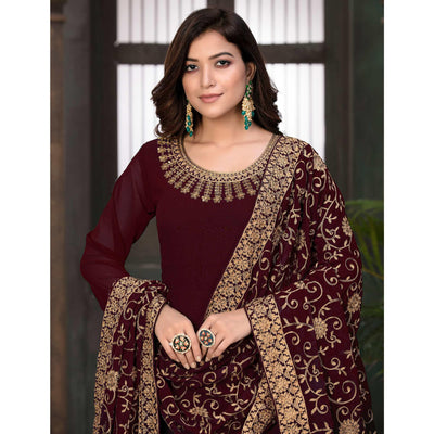 Maroon Partywear Embroidered Georgette Anarkali Suit