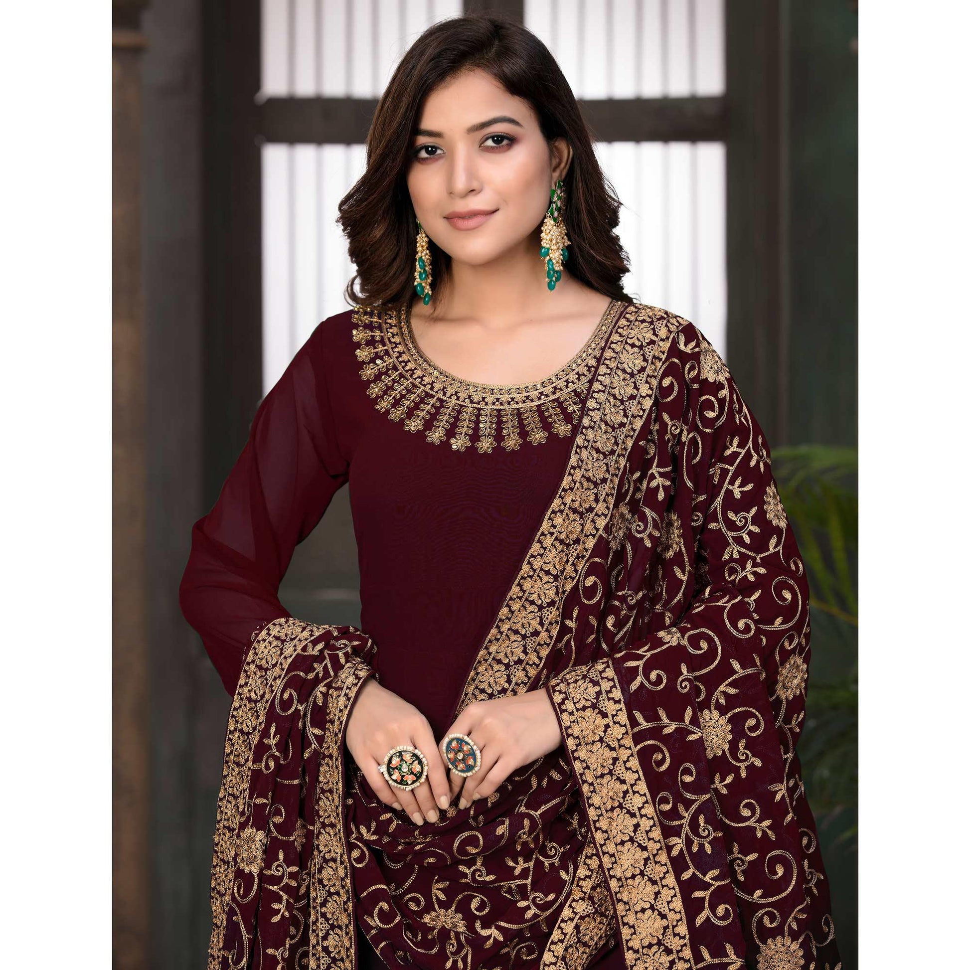 Maroon Partywear Embroidered Georgette Anarkali Suit