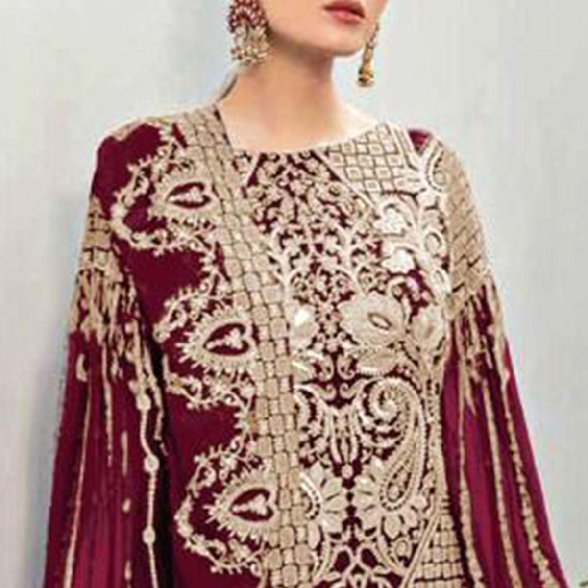 Maroon Partywear Embroidered Georgette Pakistani Suit