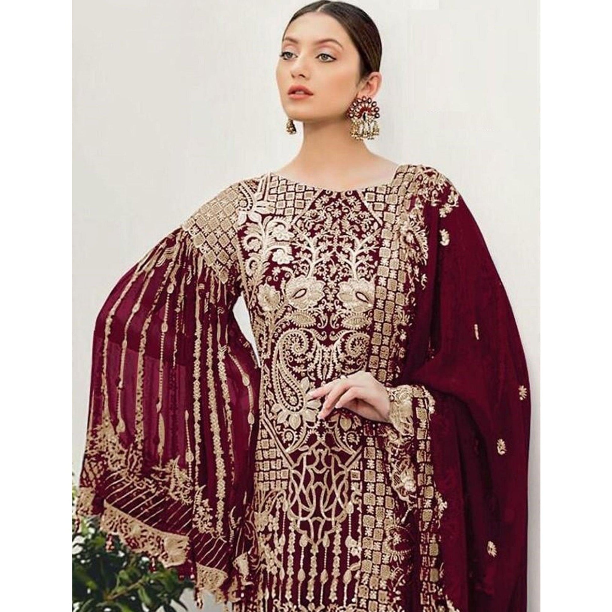 Maroon Partywear Embroidered Georgette Pakistani Suit