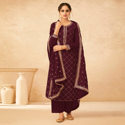 Maroon Partywear Embroidered Georgette Palazzo Suit