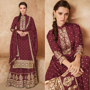 Maroon Partywear Embroidered Georgette Palazzo Suit