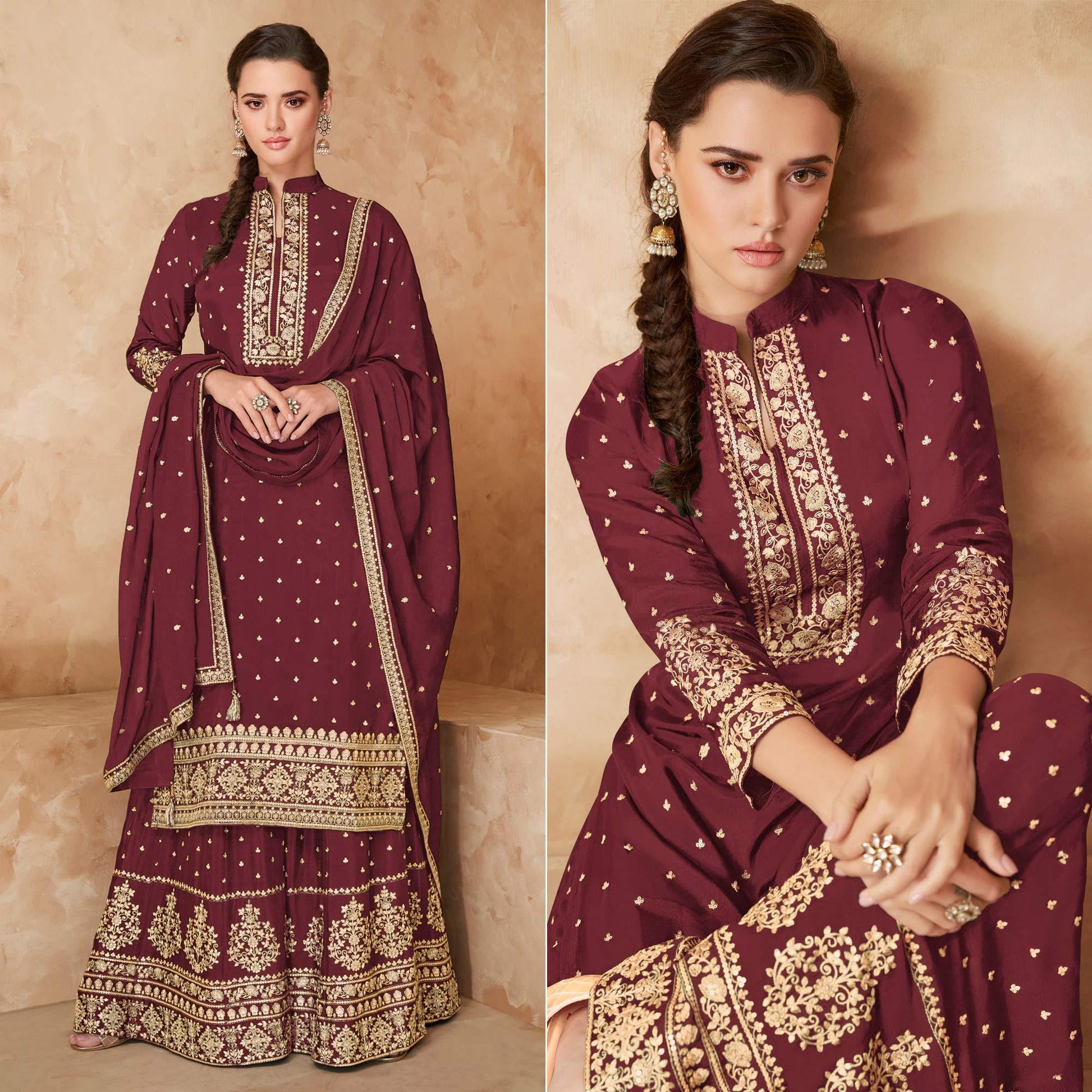 Maroon Partywear Embroidered Georgette Palazzo Suit