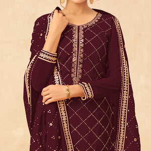 Maroon Partywear Embroidered Georgette Palazzo Suit